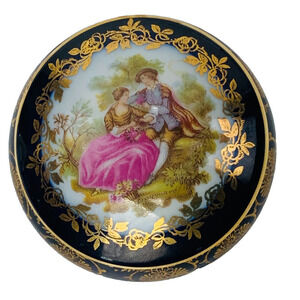 Limoges France Fragonard Courting Couple Trinket Box Blue Gold 2.5" Love EUC